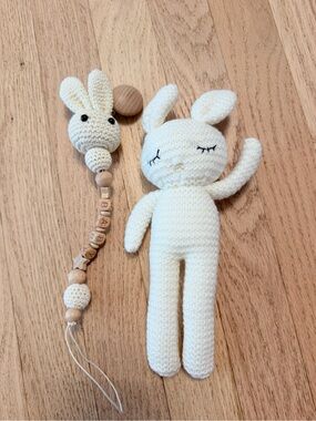 Handmade Cream Crochet Bunny Plush and Rattle Set